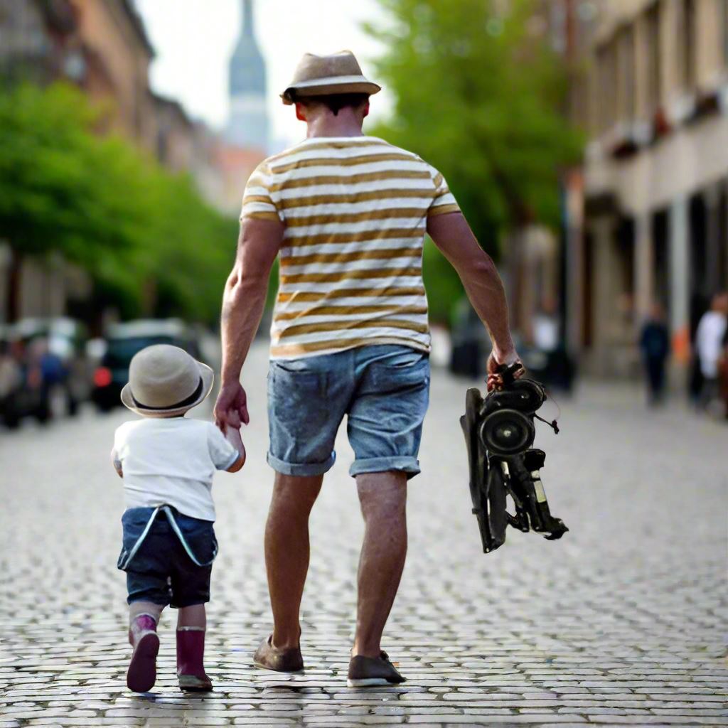 poussette travellite pliable tenu par papa avec bébé coussin