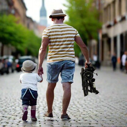 poussette travellite pliable tenu par papa avec bébé coussin